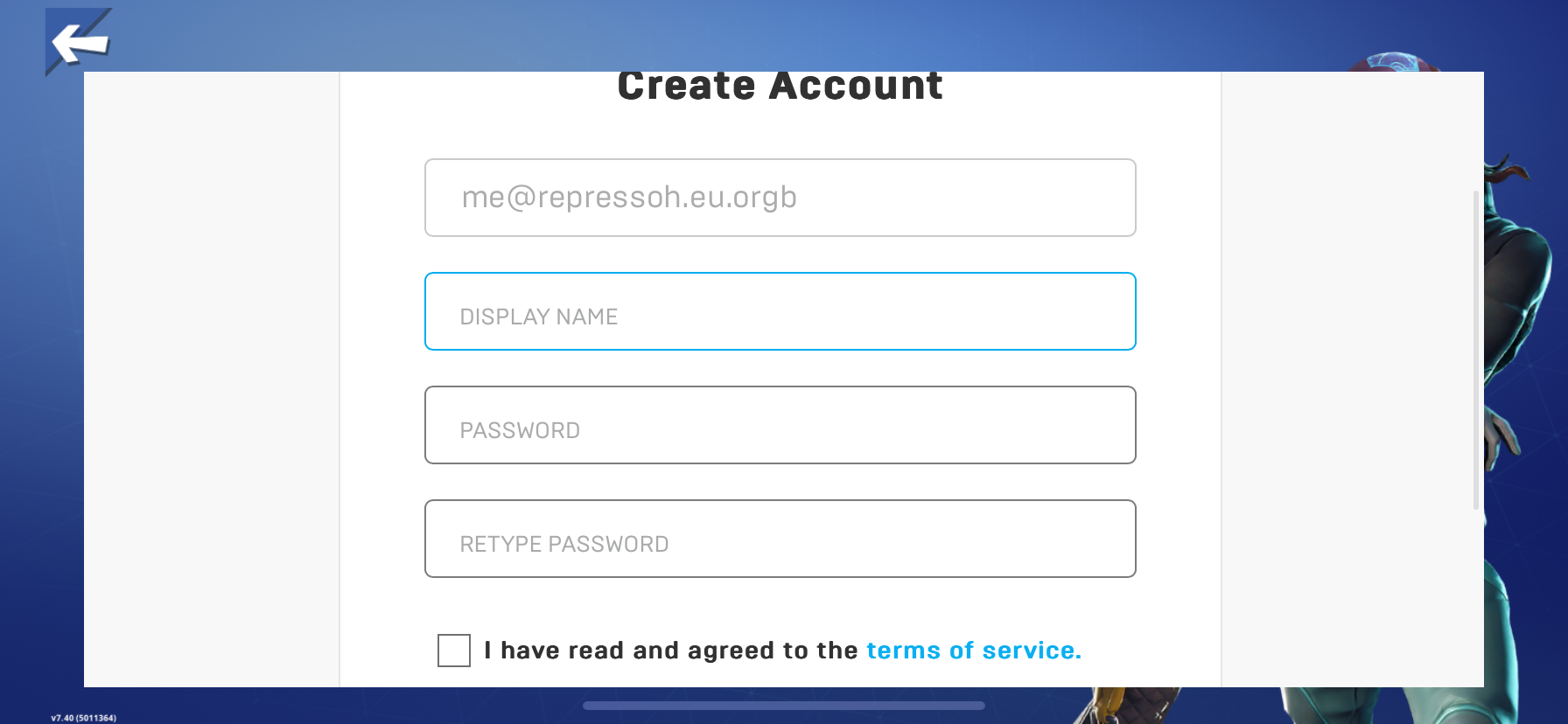 Create Account form with name, email, and password fields