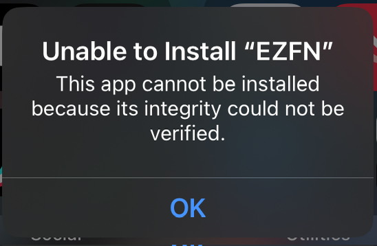 iOS error dialog showing Unable to Install EZFN message