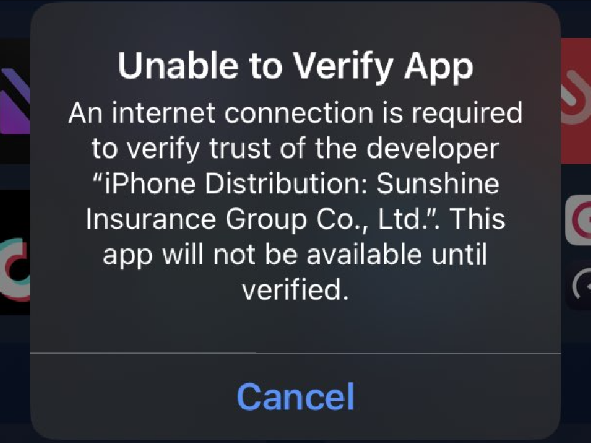 iOS error dialog showing Unable to Verify App message