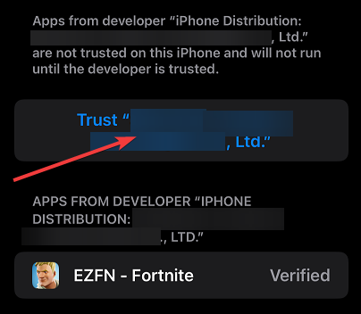 iOS dialog asking to trust the enterprise developer certificate