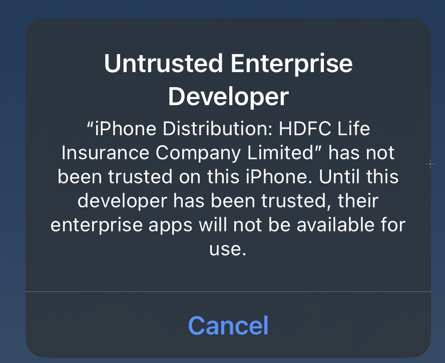 iOS error dialog showing Untrusted Enterprise Developer message